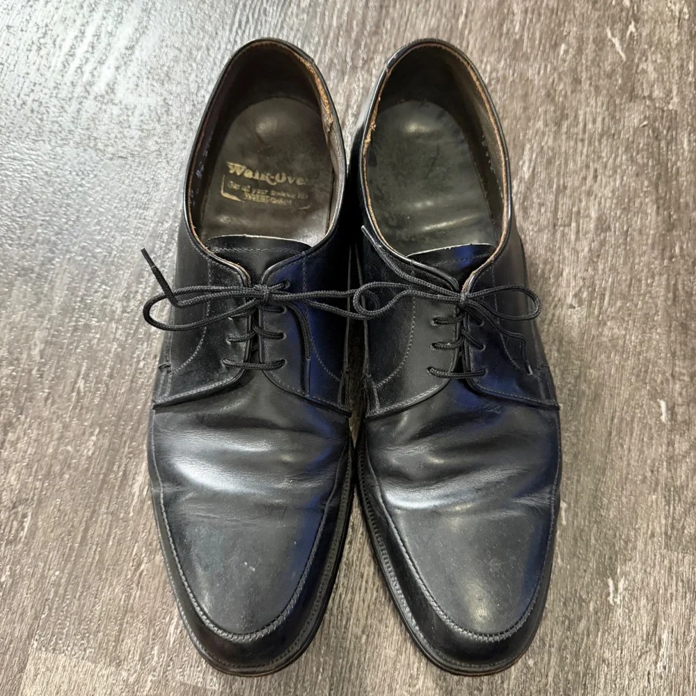 Walk-Over Derby Shoes Mens 10.5 B Black Leather Apron Toe Lace Up‎ Vintage Dress